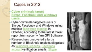 Cases in 2012
 Cyber criminals target
Skype, Facebook and Windows
users
 Cyber criminals targeted users of
Skype, Facebook and Windows using
multiple Blackhole exploits in
October, according to the latest threat
report from security firm GFI Software.
 Researchers uncovered a large
number of Blackhole exploits disguised
as Windows licences, Facebook
accountverification emails, Skype
 