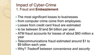 Impact of Cyber-Crime
1. Fraud and Embezzlement
 The most significant losses to businesses
 from computer crime come from employees.
 Losses from credit card fraud are estimated
 to be between $1and $4 billion per year.
 ATM fraud accounts for losses of about $60 million a
year
 Telecommunications fraud estimated around $1 to
$9 billion each year.
 Why? Tradeoff between convenience and security
 