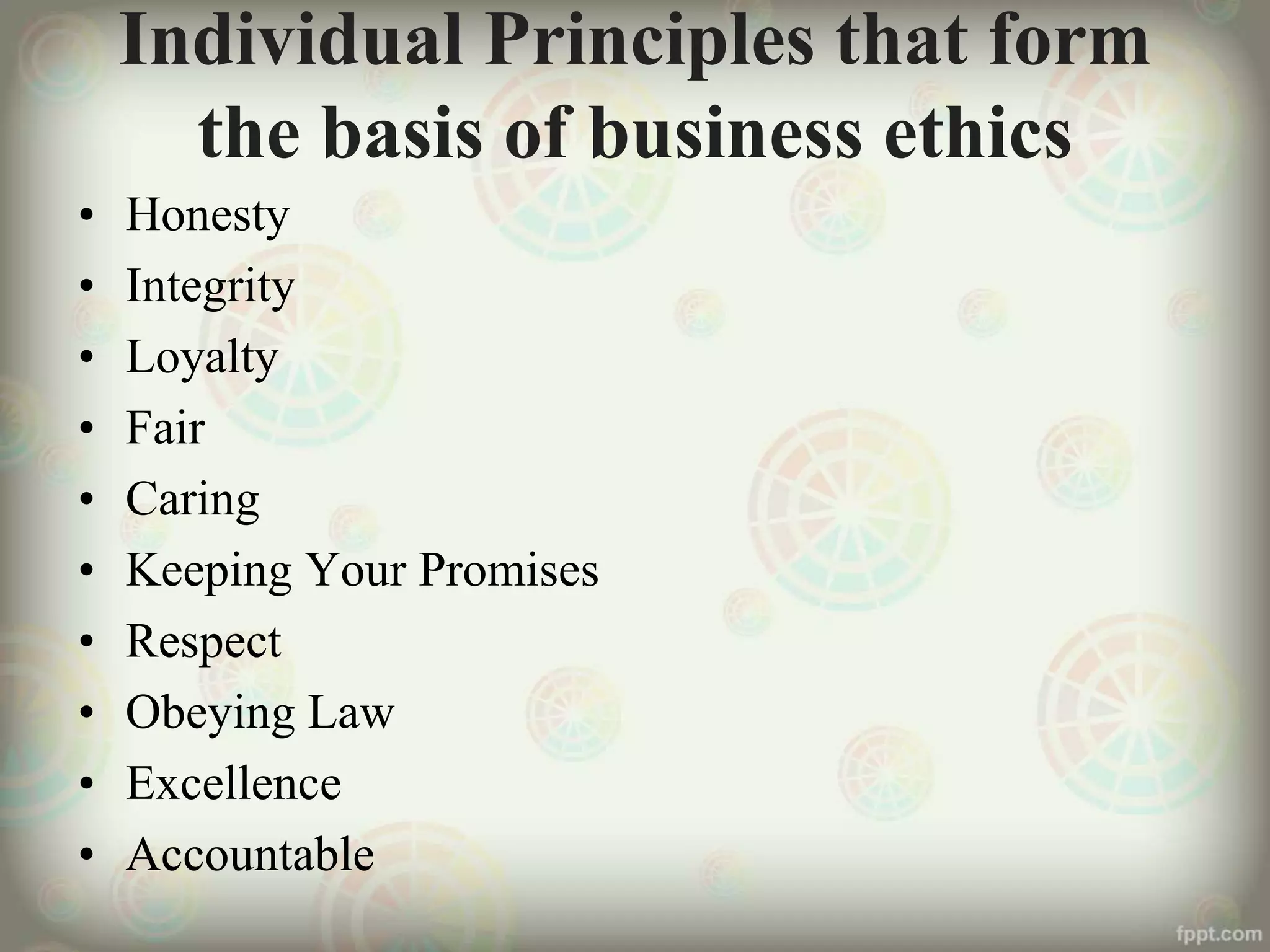 Individual Principles that form
the basis of business ethics
• Honesty
• Integrity
• Loyalty
• Fair
• Caring
• Keeping Your Promises
• Respect
• Obeying Law
• Excellence
• Accountable
 