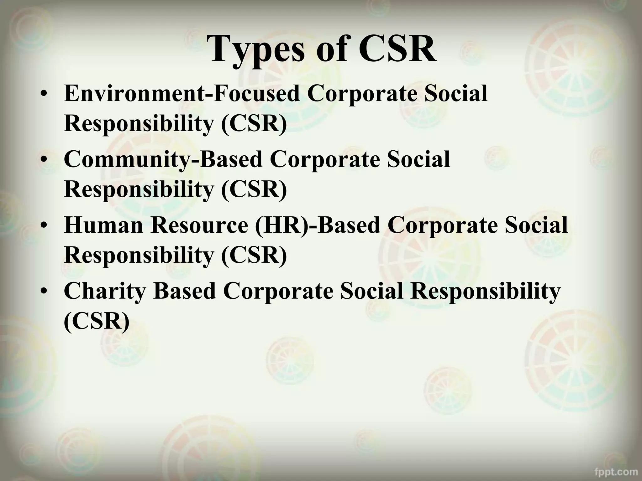 Types of CSR
• Environment-Focused Corporate Social
Responsibility (CSR)
• Community-Based Corporate Social
Responsibility (CSR)
• Human Resource (HR)-Based Corporate Social
Responsibility (CSR)
• Charity Based Corporate Social Responsibility
(CSR)
 