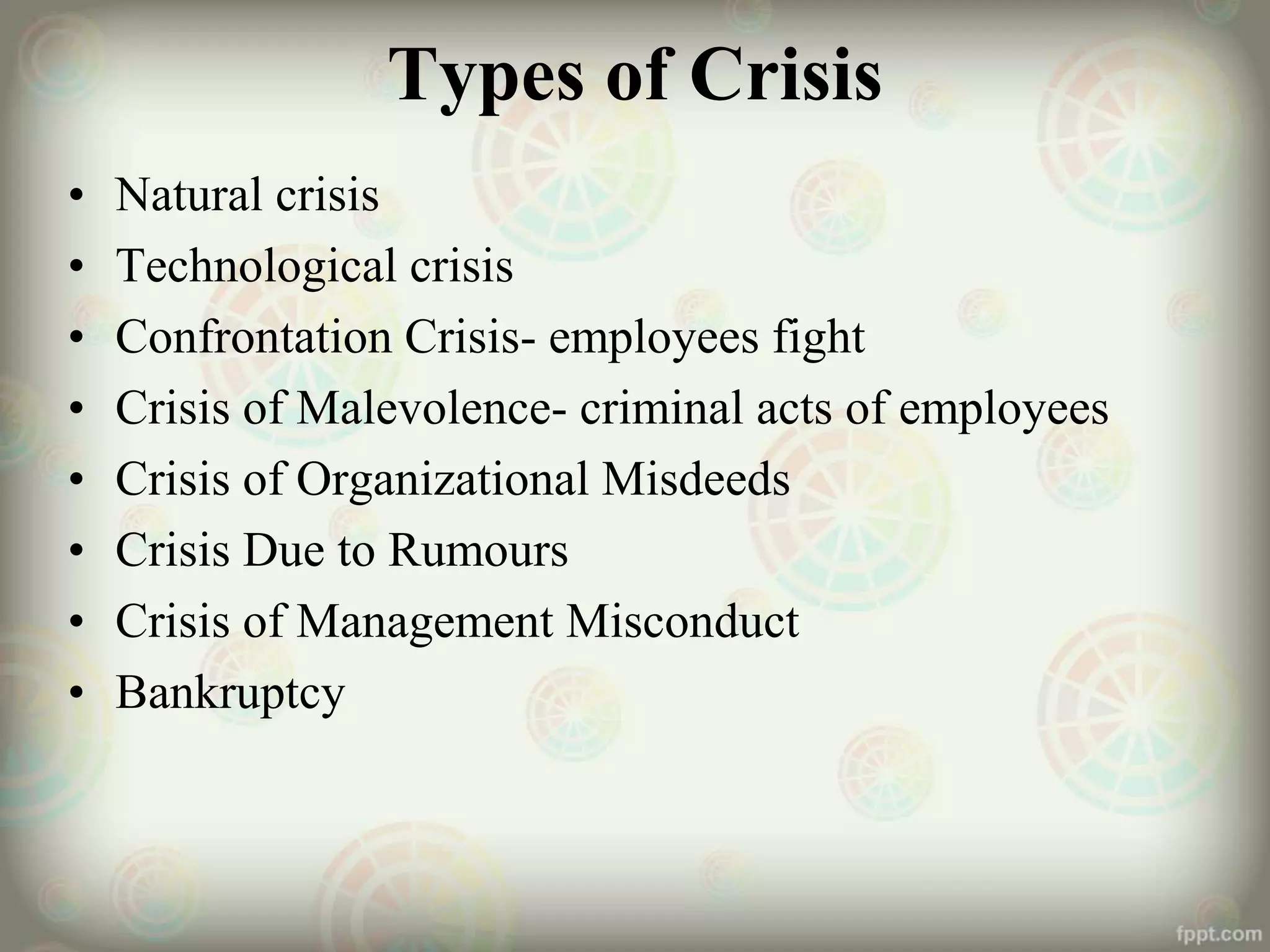 Types of Crisis
• Natural crisis
• Technological crisis
• Confrontation Crisis- employees fight
• Crisis of Malevolence- criminal acts of employees
• Crisis of Organizational Misdeeds
• Crisis Due to Rumours
• Crisis of Management Misconduct
• Bankruptcy
 