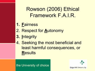 Rowson (2006) Ethical
        Framework F.A.I.R.
1.   Fairness
2.   Respect for Autonomy
3.   Integrity
4.   Seeking the most beneficial and
     least harmful consequences, or
     Results

the University of choice
                                edgehill.ac.uk
 