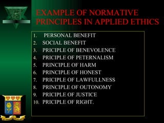 EXAMPLE OF NORMATIVE PRINCIPLES IN APPLIED ETHICS PERSONAL BENEFIT SOCIAL BENEFIT PRICIPLE OF BENEVOLENCE PRICIPLE OF PETERNALISM PRINCIPLE OF HARM PRINCIPLE OF HONEST PRICIPLE OF LAWFULLNESS PRINCIPLE OF OUTONOMY PRICIPLE OF JUSTICE PRICIPLE OF RIGHT.  