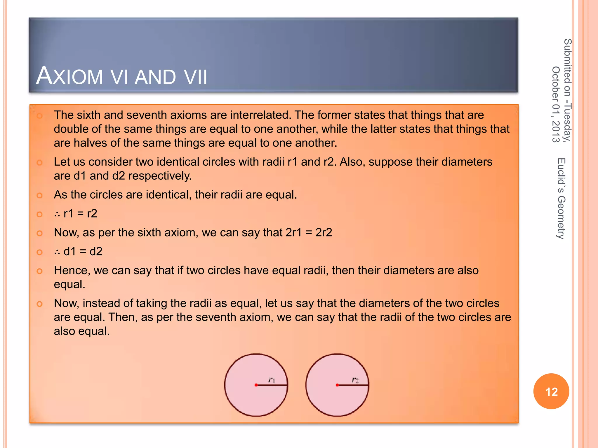 The sixth and seventh axioms are interrelated. The former states that things that are
double of the same things are equal to one another, while the latter states that things that
are halves of the same things are equal to one another.



Let us consider two identical circles with radii r1 and r2. Also, suppose their diameters
are d1 and d2 respectively.



As the circles are identical, their radii are equal.



∴ r1 = r2



Now, as per the sixth axiom, we can say that 2r1 = 2r2



∴ d1 = d2



Hence, we can say that if two circles have equal radii, then their diameters are also
equal.



Now, instead of taking the radii as equal, let us say that the diameters of the two circles
are equal. Then, as per the seventh axiom, we can say that the radii of the two circles are
also equal.

Euclid`s Geometry



Submitted on -Tuesday,
October 01, 2013

AXIOM VI AND VII

12

 