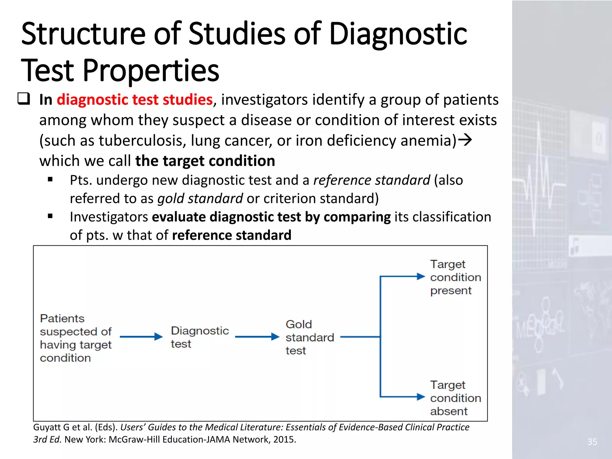 Marc Imhotep Cray, M.D.
Structure of Studies of Diagnostic
Test Properties
35
 In diagnostic test studies, investigators identify a group of patients
among whom they suspect a disease or condition of interest exists
(such as tuberculosis, lung cancer, or iron deficiency anemia)
which we call the target condition
 Pts. undergo new diagnostic test and a reference standard (also
referred to as gold standard or criterion standard)
 Investigators evaluate diagnostic test by comparing its classification
of pts. w that of reference standard
Guyatt G et al. (Eds). Users’ Guides to the Medical Literature: Essentials of Evidence-Based Clinical Practice
3rd Ed. New York: McGraw-Hill Education-JAMA Network, 2015.
 