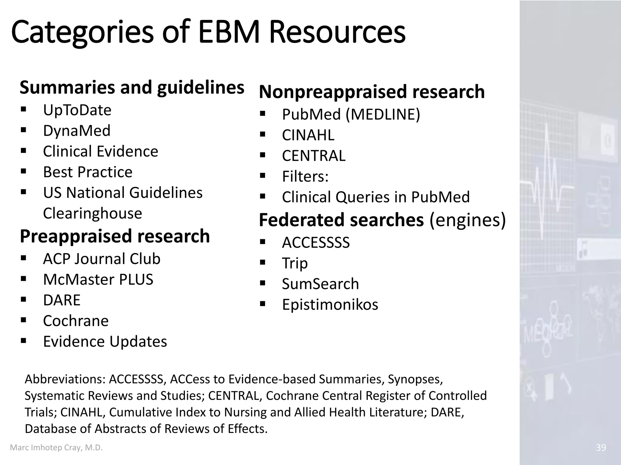 Marc Imhotep Cray, M.D.
Categories of EBM Resources
39
Summaries and guidelines
 UpToDate
 DynaMed
 Clinical Evidence
 Best Practice
 US National Guidelines
Clearinghouse
Preappraised research
 ACP Journal Club
 McMaster PLUS
 DARE
 Cochrane
 Evidence Updates
Nonpreappraised research
 PubMed (MEDLINE)
 CINAHL
 CENTRAL
 Filters:
 Clinical Queries in PubMed
Federated searches (engines)
 ACCESSSS
 Trip
 SumSearch
 Epistimonikos
Abbreviations: ACCESSSS, ACCess to Evidence-based Summaries, Synopses,
Systematic Reviews and Studies; CENTRAL, Cochrane Central Register of Controlled
Trials; CINAHL, Cumulative Index to Nursing and Allied Health Literature; DARE,
Database of Abstracts of Reviews of Effects.
 