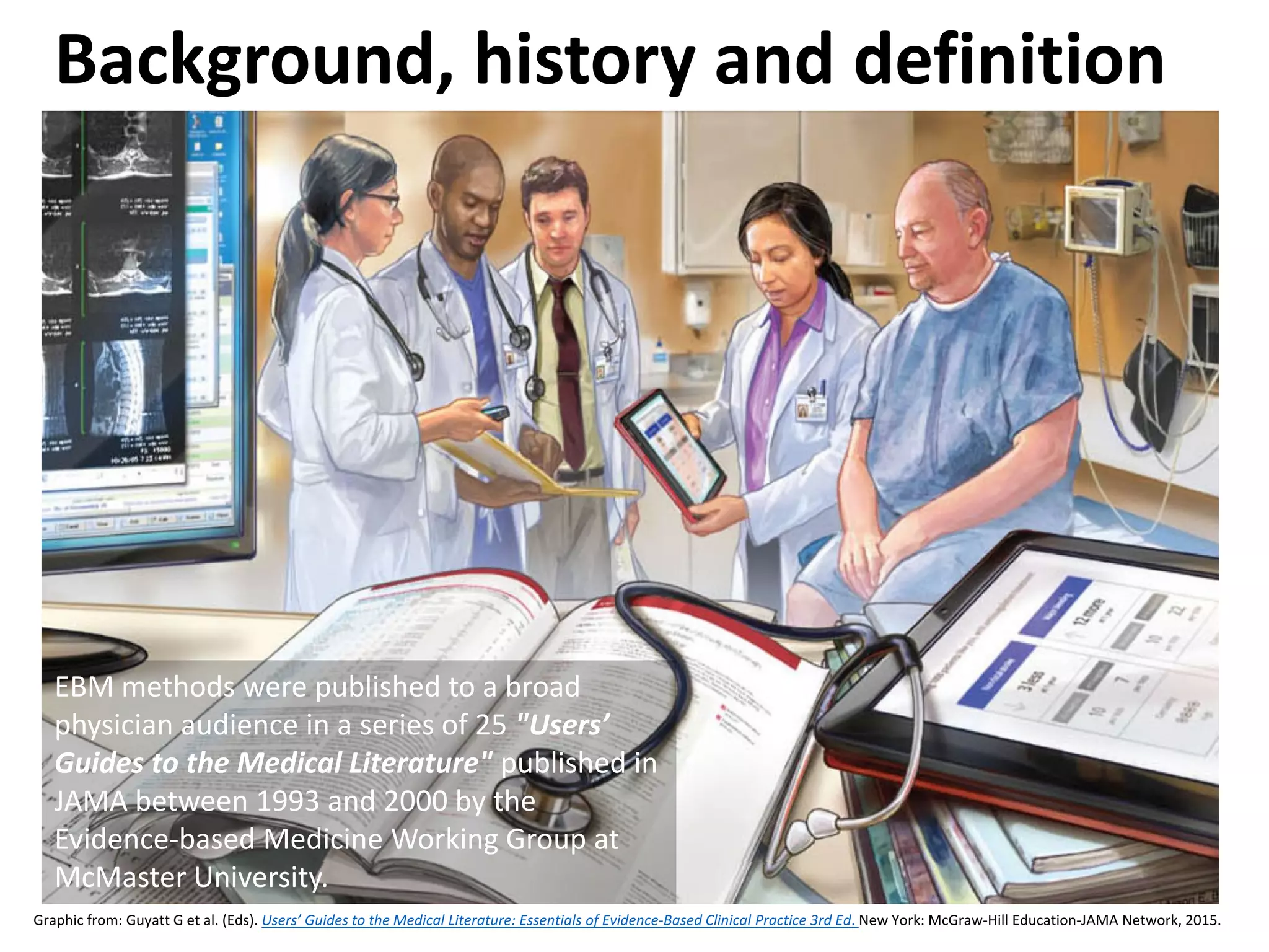 Graphic from: Guyatt G et al. (Eds). Users’ Guides to the Medical Literature: Essentials of Evidence-Based Clinical Practice 3rd Ed. New York: McGraw-Hill Education-JAMA Network, 2015.
Background, history and definition
EBM methods were published to a broad
physician audience in a series of 25 "Users’
Guides to the Medical Literature" published in
JAMA between 1993 and 2000 by the
Evidence-based Medicine Working Group at
McMaster University.
 