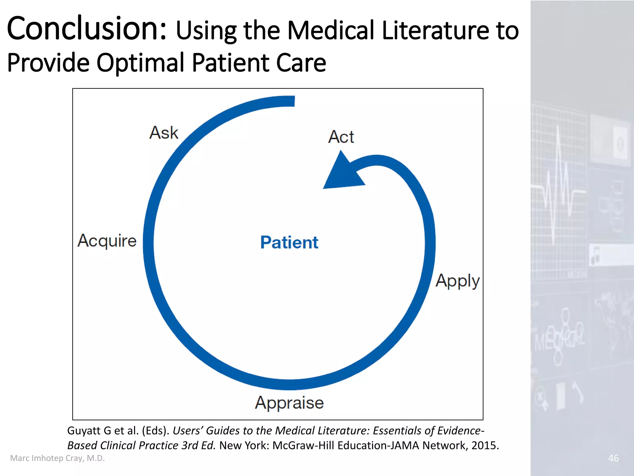 Marc Imhotep Cray, M.D.
Critical appraisal (2)
46
Critical appraisal is process of systematically
examining available evidence to judge its
validity, and relevance in a particular context
Appraiser should make an objective
assessment of study quality and potential for
bias
Note: Methodological checklists for critically appraising
study designs will be covered in a subsequent lecture
 