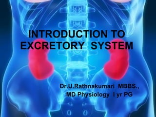 INTRODUCTION TO EXCRETORY  SYSTEM Dr.U.Rathnakumari  MBBS., MD Physiology  I yr PG 