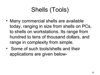 Shells (Tools)
• Many commercial shells are available
today, ranging in size from shells on PCs,
to shells on workstations. Its range from
hundred to tens of thousand dollars, and
range in complexity from simple.
• Some of such tools/shells and their
applications are given below-
15
 