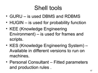 Shell tools
• GURU – is used DBMS and RDBMS
• HUGIN – is used for probability function
• KEE (Knowledge Engineering
Environment) – is used for frames and
scripts.
• KES (Knowledge Engineering System) –
Available in different versions to run on
machines.
• Personal Consultant – Fitted parameters
and production rules .
17
 