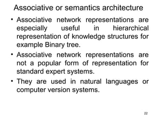 Associative or semantics architecture
• Associative network representations are
especially useful in hierarchical
representation of knowledge structures for
example Binary tree.
• Associative network representations are
not a popular form of representation for
standard expert systems.
• They are used in natural languages or
computer version systems.
22
 