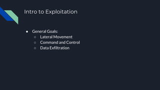 Intro to Exploitation
● General Goals:
○ Lateral Movement
○ Command and Control
○ Data Exfiltration
 