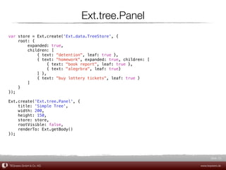 Ext.tree.Panel
var store = Ext.create('Ext.data.TreeStore', {
    root: {
        expanded: true,
        children: [
            { text: "detention", leaf: true },
            { text: "homework", expanded: true, children: [
                 { text: "book report", leaf: true },
                 { text: "alegrbra", leaf: true}
            ] },
            { text: "buy lottery tickets", leaf: true }
        ]
    }
});

Ext.create('Ext.tree.Panel', {
    title: 'Simple Tree',
    width: 200,
    height: 150,
    store: store,
    rootVisible: false,
    renderTo: Ext.getBody()
});




                                                                     Slide 23

TEQneers GmbH & Co. KG                                        www.teqneers.de
 