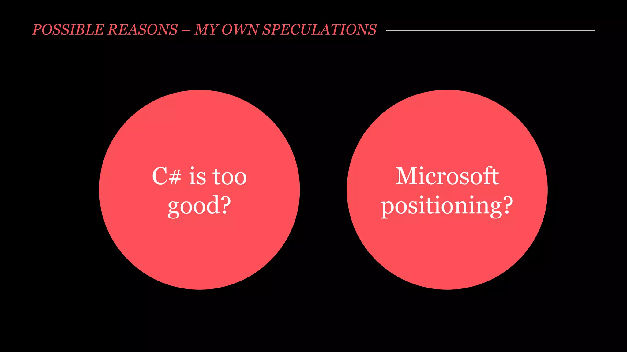 POSSIBLE REASONS – MY OWN SPECULATIONS




             C# is too                    Microsoft
              good?                      positioning?
 