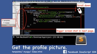 Facebook JavaScript SDK
Get the proﬁle picture.
templates/ myapp/ index.html
Scroll down
Bigger screen shot in next page..
 