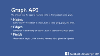 Facebook JavaScript SDK
Nodes
Edges
Fields
Graph API
The primary way for apps to read and write to the Facebook social graph.
Every “object” in Facebook is a node, such as user, group, page, and photo.
Connection or relationship of “object”, such as User’s friend, Page’s photo.
Properties of “object”, such as name, birthday, work, gender of a person.
 
