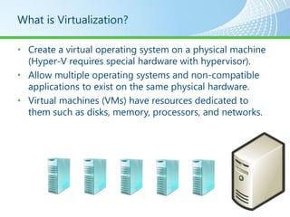 What is Virtualization?

• Create a virtual operating system on a physical machine
  (Hyper-V requires special hardware with hypervisor).
• Allow multiple operating systems and non-compatible
  applications to exist on the same physical hardware.
• Virtual machines (VMs) have resources dedicated to
  them such as disks, memory, processors, and networks.
 