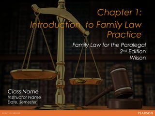 Chapter 1:
          Introduction to Family Law
                                   12
                            Practice
                   Family Law for the Paralegal
                                     2nd Edition
                                         Wilson




Class Name
Instructor Name
Date, Semester
 