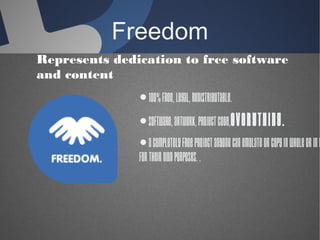 Freedom
● 100% free, legal,
redistributable.
● Software, Artwork, Project
code,EVERYTHING.
● a completely free project
anyone can emulate or copy
in whole or in part for their
own purposes. .
Represents dedication to free software
and content
 