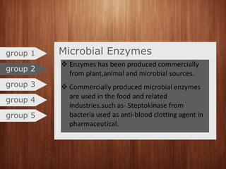 Microbial Enzymesgroup 1
group 2
group 3
group 4
group 5
 Enzymes has been produced commercially
from plant,animal and microbial sources.
 Commercially produced microbial enzymes
are used in the food and related
industries.such as- Steptokinase from
bacteria used as anti-blood clotting agent in
pharmaceutical.
 