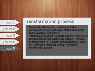 Transformation processgroup 1
group 2
group 3
group 4
group 5
 Microbial cells may be used to convert a
compound into a structurally related, financially
more valuable, compound.
Microbial processes are more specific than purely
chemical ones and enable the addition ,removal
or modification of function group at specific sites
on a complex molecule without the use of
chemical protection
 