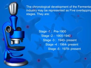 The chronological development of the Fermentat
industry may be represented as Five overlapping
stages. They are:
Stage -1 : Pre-1900
Stage -2 : 1900-1940
Stage -3 : 1940- present
Stage -4 : 1964- present
Stage -5 : 1979- present
 