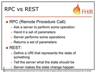 © 2014 HL7 ® International. Licensed under Creative Commons. HL7 & Health Level Seven are registered trademarks of Health Level Seven International. Reg. U.S. TM Office.
RPC vs REST
 RPC (Remote Procedure Call):
 Ask a server to perform some operation
 Hand it a set of parameters
 Server performs some operations
 Returns a set of parameters
 REST:
 Define a URI that represents the state of
something
 Tell the server what the state should be
 Server makes the state change happen2
3
 