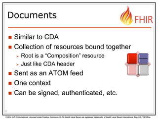 © 2014 HL7 ® International. Licensed under Creative Commons. HL7 & Health Level Seven are registered trademarks of Health Level Seven International. Reg. U.S. TM Office.
Documents
 Similar to CDA
 Collection of resources bound together
 Root is a “Composition” resource
 Just like CDA header
 Sent as an ATOM feed
 One context
 Can be signed, authenticated, etc.
27
Documents
 