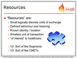 © 2014 HL7 ® International. Licensed under Creative Commons. HL7 & Health Level Seven are registered trademarks of Health Level Seven International. Reg. U.S. TM Office.
Resources
 “Resources” are:
 Small logically discrete units of exchange
 Defined behaviour and meaning
 Known identity / location
 Smallest unit of transaction
 “of interest” to healthcare
 V2: Sort of like Segments
 V3: Sort of like CMETs
32
 