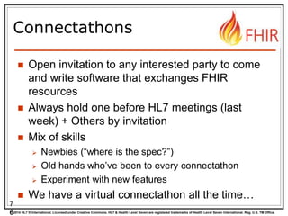 © 2014 HL7 ® International. Licensed under Creative Commons. HL7 & Health Level Seven are registered trademarks of Health Level Seven International. Reg. U.S. TM Office.
Connectathons
 Open invitation to any interested party to come
and write software that exchanges FHIR
resources
 Always hold one before HL7 meetings (last
week) + Others by invitation
 Mix of skills
 Newbies (“where is the spec?”)
 Old hands who’ve been to every connectathon
 Experiment with new features
 We have a virtual connectathon all the time…
7
6
 