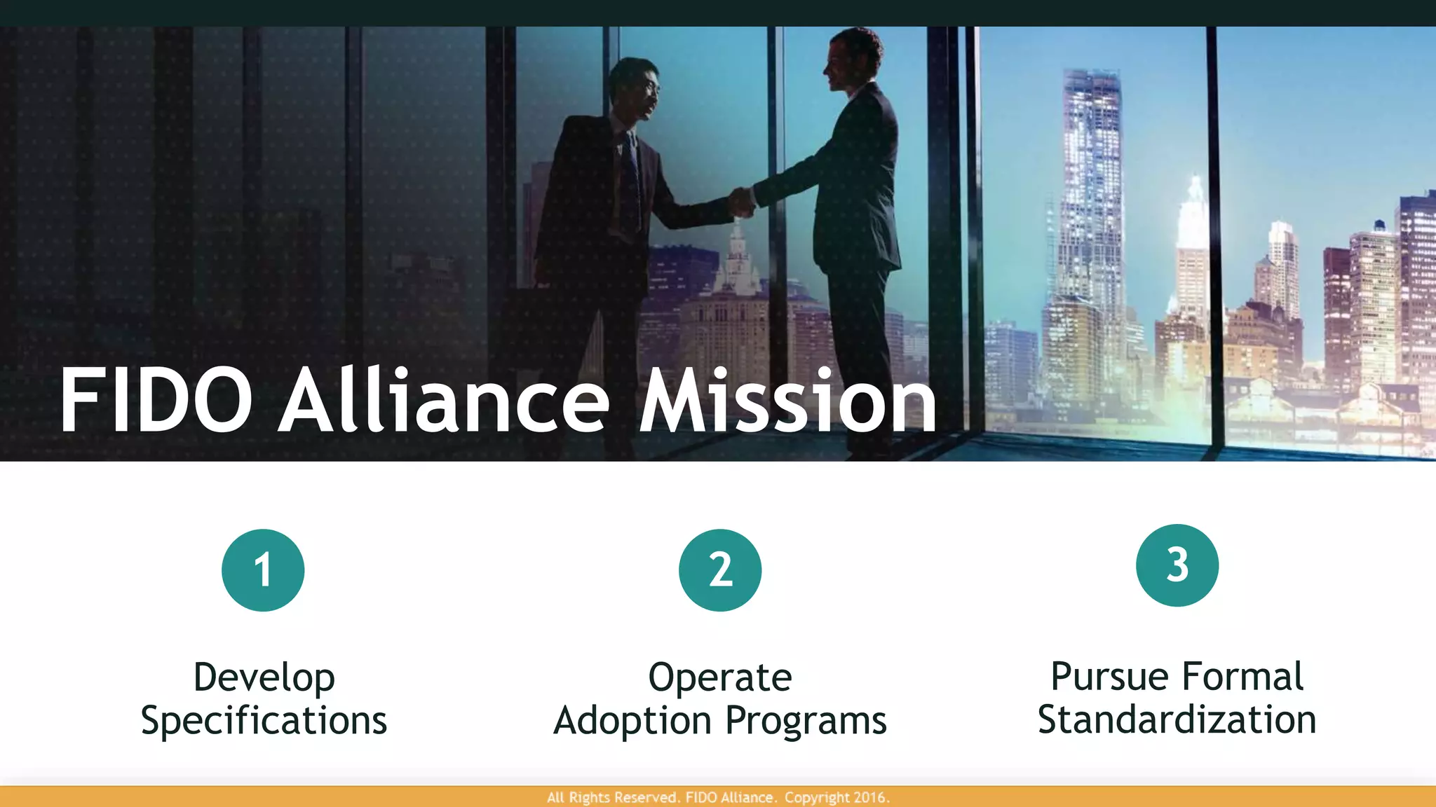 FIDO Alliance Mission
Develop
Specifications
Operate
Adoption Programs
Pursue Formal
Standardization
1 2 3
 