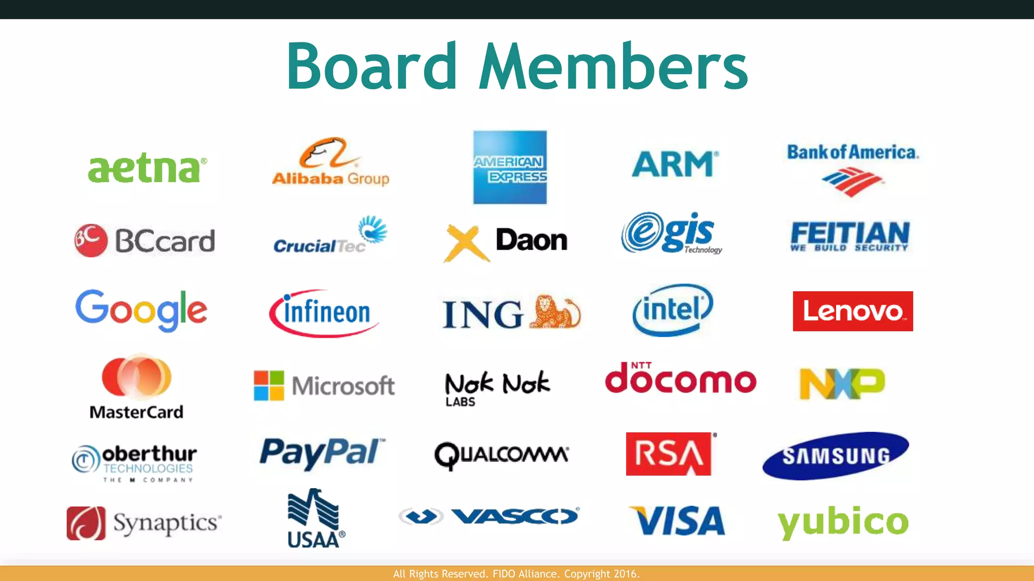 Board Members
All Rights Reserved. FIDO Alliance. Copyright 2016.
 