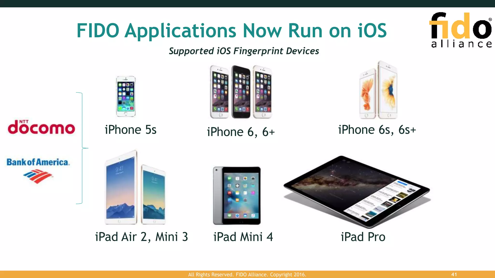iPhone 5s iPhone 6, 6+
iPad Air 2, Mini 3
iPhone 6s, 6s+
iPad Mini 4 iPad Pro
FIDO Applications Now Run on iOS
Supported iOS Fingerprint Devices
All Rights Reserved. FIDO Alliance. Copyright 2016. 41
 