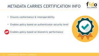 12
METADATA CARRIES CERTIFICATION INFO
• Ensures conformance & interoperability
• Enables policy based on authenticator security level
• Enables policy based on biometric performance
All Rights Reserved | FIDO Alliance | Copyright 2016
 