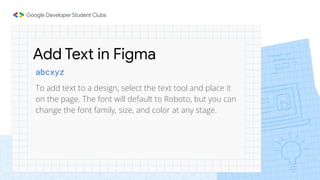 To add text to a design, select the text tool and place it
on the page. The font will default to Roboto, but you can
change the font family, size, and color at any stage.
abcxyz
Add Text in Figma
 