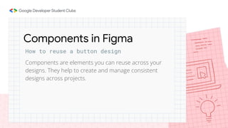 Components are elements you can reuse across your
designs. They help to create and manage consistent
designs across projects.
How to reuse a button design
Components in Figma
 