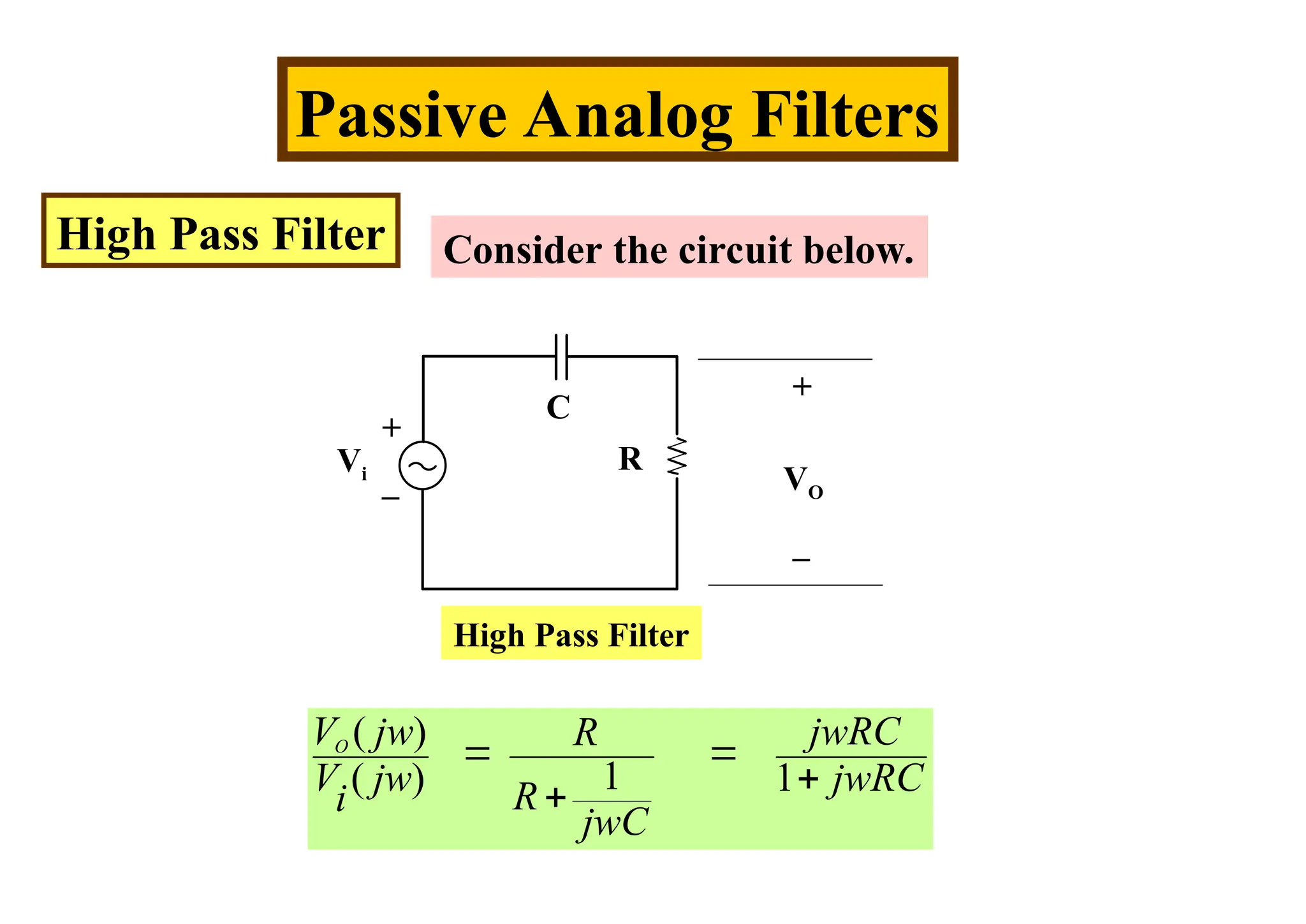 Passive Analog Filters
High Pass Filter Consider the circuit below.
C
R
Vi VO
+
_
+
_
( )
1
( ) 1
O
V jw jwRC
R
V jw jwRC
R
i
jwC
 


High Pass Filter
 