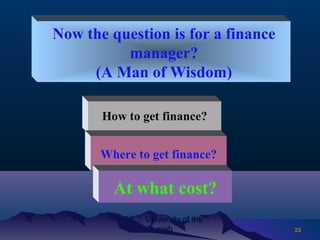 2323
Now the question is for a finance
manager?
(A Man of Wisdom)
How to get finance?
Where to get finance?
At what cost?
HCC… University of theHCC… University of the
PunjabPunjab
 