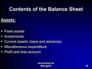 Accounting for
Managers 10
Contents of the Balance Sheet
Assets:
 Fixed assets
 Investments
 Current assets, loans and advances
 Miscellaneous expenditure
 Profit and loss account.
 