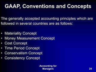 Accounting for
Managers 24
GAAP, Conventions and Concepts
The generally accepted accounting principles which are
followed in several countries are as follows:
• Materiality Concept
• Money Measurement Concept
• Cost Concept
• Time Period Concept
• Conservatism Concept
• Consistency Concept
 