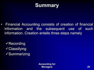 Accounting for
Managers 29
Summary
• Financial Accounting consists of creation of financial
information and the subsequent use of such
information. Creation entails three steps namely
Recording
Classifying
Summarizing
 