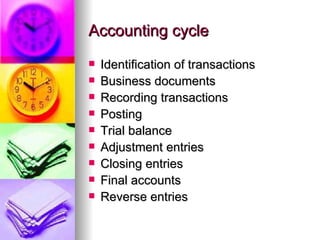 Accounting cycle
   Identification of transactions
   Business documents
   Recording transactions
   Posting
   Trial balance
   Adjustment entries
   Closing entries
   Final accounts
   Reverse entries
 