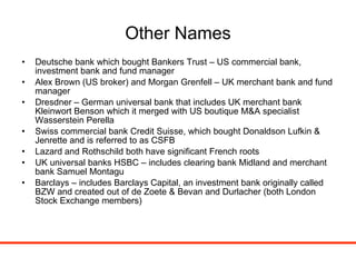 Other Names Deutsche bank which bought Bankers Trust – US commercial bank, investment bank and fund manager Alex Brown (US broker) and Morgan Grenfell – UK merchant bank and fund manager Dresdner – German universal bank that includes UK merchant bank Kleinwort Benson which it merged with US boutique M&A specialist Wasserstein Perella  Swiss commercial bank Credit Suisse, which bought Donaldson Lufkin & Jenrette and is referred to as CSFB Lazard and Rothschild both have significant French roots UK universal banks HSBC – includes clearing bank Midland and merchant bank Samuel Montagu  Barclays – includes Barclays Capital, an investment bank originally called BZW and created out of de Zoete & Bevan and Durlacher (both London Stock Exchange members) 