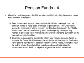 Pension Funds - 4 Over the past few years, the UK pension fund industry has become a mess for a number of reasons: Poor investment returns over much of the 1990s, making it hard for pension funds to keep their promises to pensioners. This was made worse by companies taking pension contribution holidays in the 1980s when stock markets were doing well, meaning they didn’t put any money in because stock market returns were generating sufficient funds to meet pension liabilities Changes in accounting standards which now require pension funds to account for future liabilities on a current basis – this means a fund must have assets now to meet pension liabilities in the future, no matter how far in the future those liabilities may be and notwithstanding the investment return the fund expects to generate in the meantime 