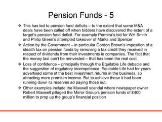 Pension Funds - 5 This has led to pension fund deficits – to the extent that some M&A deals have been called off when bidders have discovered the extent of a target’s pension fund deficit. For example Permira’s bid for WH Smith and Philip Green’s attempted takeover of Marks and Spencer Action by the Government – in particular Gordon Brown’s imposition of a stealth tax on pension funds by removing a tax credit they received in respect of dividends from their investments in companies. The fact that the money last can’t be reinvested – that has been the real cost Loss of confidence – principally through the Equitable Life debacle and the suggestion of regulatory incompetence. Equitable Life had for years advertised some of the best investment returns in the business, so attracting more premium income. But to achieve these it had been running down its reserves ad paying those out. Other examples include the Maxwell scandal where newspaper owner Robert Maxwell pillaged the Mirror Group’s pension funds of £400 million to prop up the group’s financial position 
