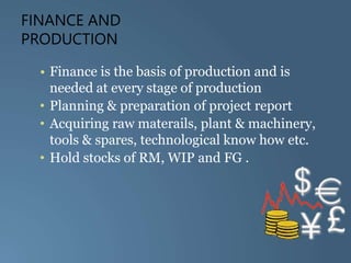 FINANCE AND
PRODUCTION
• Finance is the basis of production and is
needed at every stage of production
• Planning & preparation of project report
• Acquiring raw materails, plant & machinery,
tools & spares, technological know how etc.
• Hold stocks of RM, WIP and FG .
 