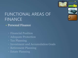 FUNCTIONAL AREAS OF
FINANCE
• Personal Finance
▫ Financial Position
▫ Adequate Protection
▫ Tax Planning
▫ Investment and Accumulation Goals
▫ Retirement Planning
▫ Estate Planning
 