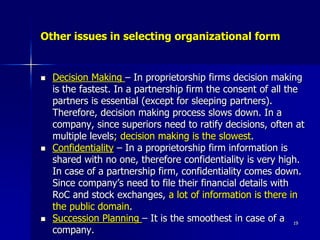 Other issues in selecting organizational form
 Decision Making – In proprietorship firms decision making
is the fastest. In a partnership firm the consent of all the
partners is essential (except for sleeping partners).
Therefore, decision making process slows down. In a
company, since superiors need to ratify decisions, often at
multiple levels; decision making is the slowest.
 Confidentiality – In a proprietorship firm information is
shared with no one, therefore confidentiality is very high.
In case of a partnership firm, confidentiality comes down.
Since company’s need to file their financial details with
RoC and stock exchanges, a lot of information is there in
the public domain.
 Succession Planning – It is the smoothest in case of a
company.
19
 