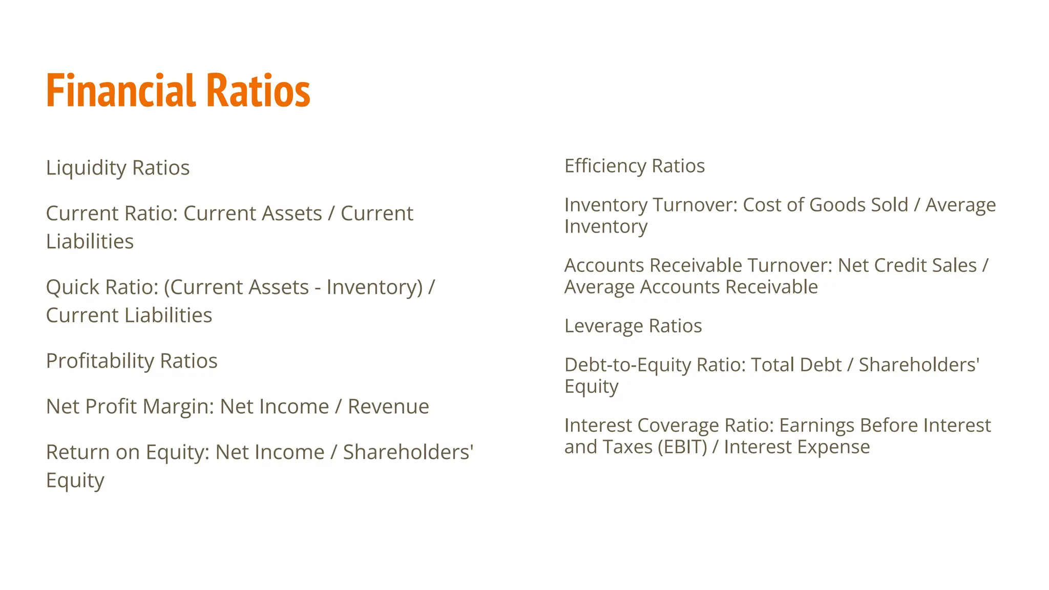 Financial Ratios
Liquidity Ratios
Current Ratio: Current Assets / Current
Liabilities
Quick Ratio: (Current Assets - Inventory) /
Current Liabilities
Proﬁtability Ratios
Net Proﬁt Margin: Net Income / Revenue
Return on Equity: Net Income / Shareholders'
Equity
Eﬃciency Ratios
Inventory Turnover: Cost of Goods Sold / Average
Inventory
Accounts Receivable Turnover: Net Credit Sales /
Average Accounts Receivable
Leverage Ratios
Debt-to-Equity Ratio: Total Debt / Shareholders'
Equity
Interest Coverage Ratio: Earnings Before Interest
and Taxes (EBIT) / Interest Expense
 